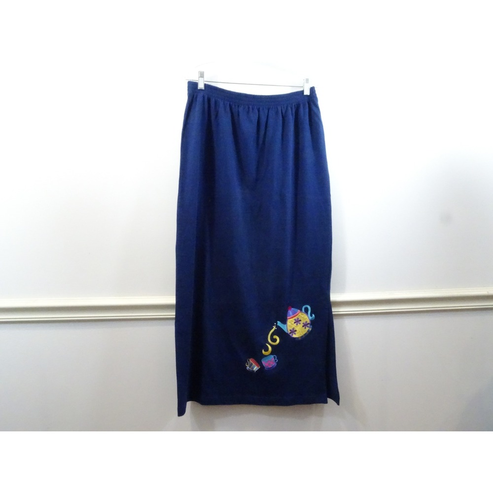 Quacker Factory Navy Blue Cotton Maxi Skirt Embroidered Teapot Teacups Large